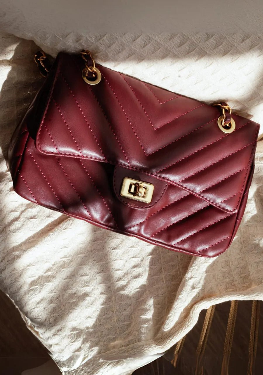 Medium Quilted Bag in Burgundy with Classic Embroidery