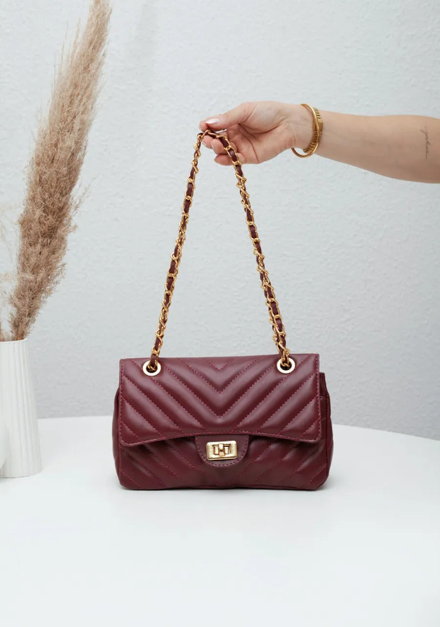 Medium Quilted Bag in Burgundy with Classic Embroidery