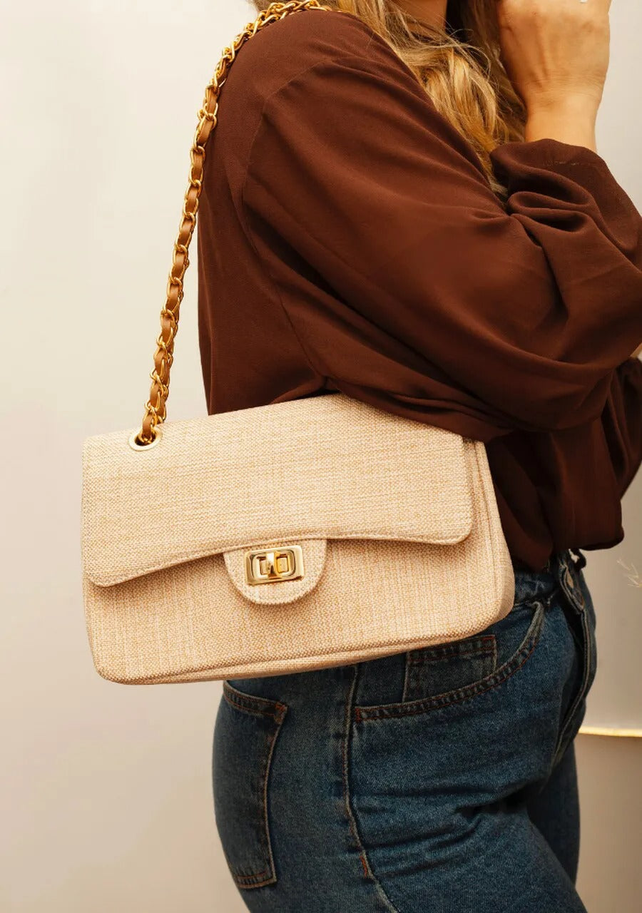 Medium Linen Bag with Caramel Details
