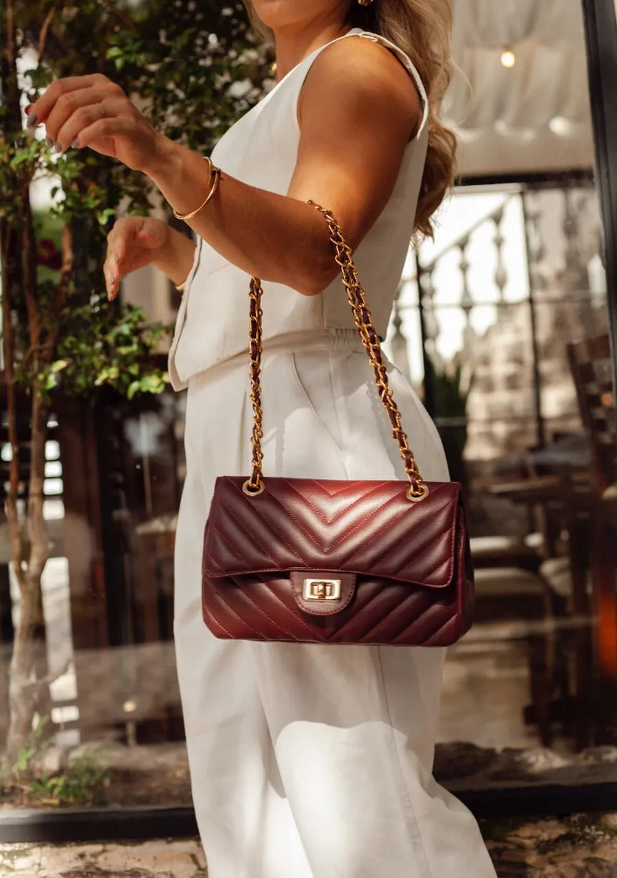 Medium Quilted Bag in Burgundy with Classic Embroidery