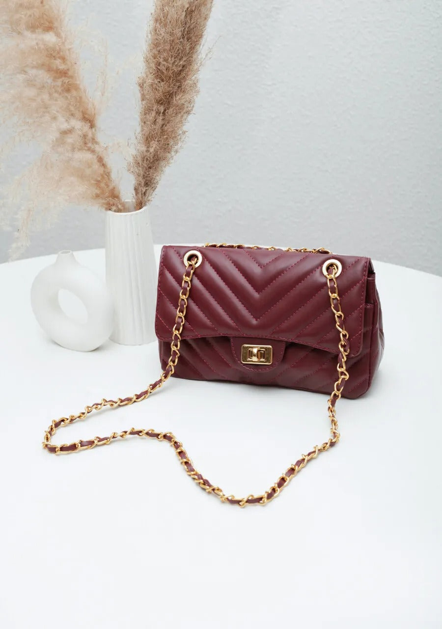 Medium Quilted Bag in Burgundy with Classic Embroidery
